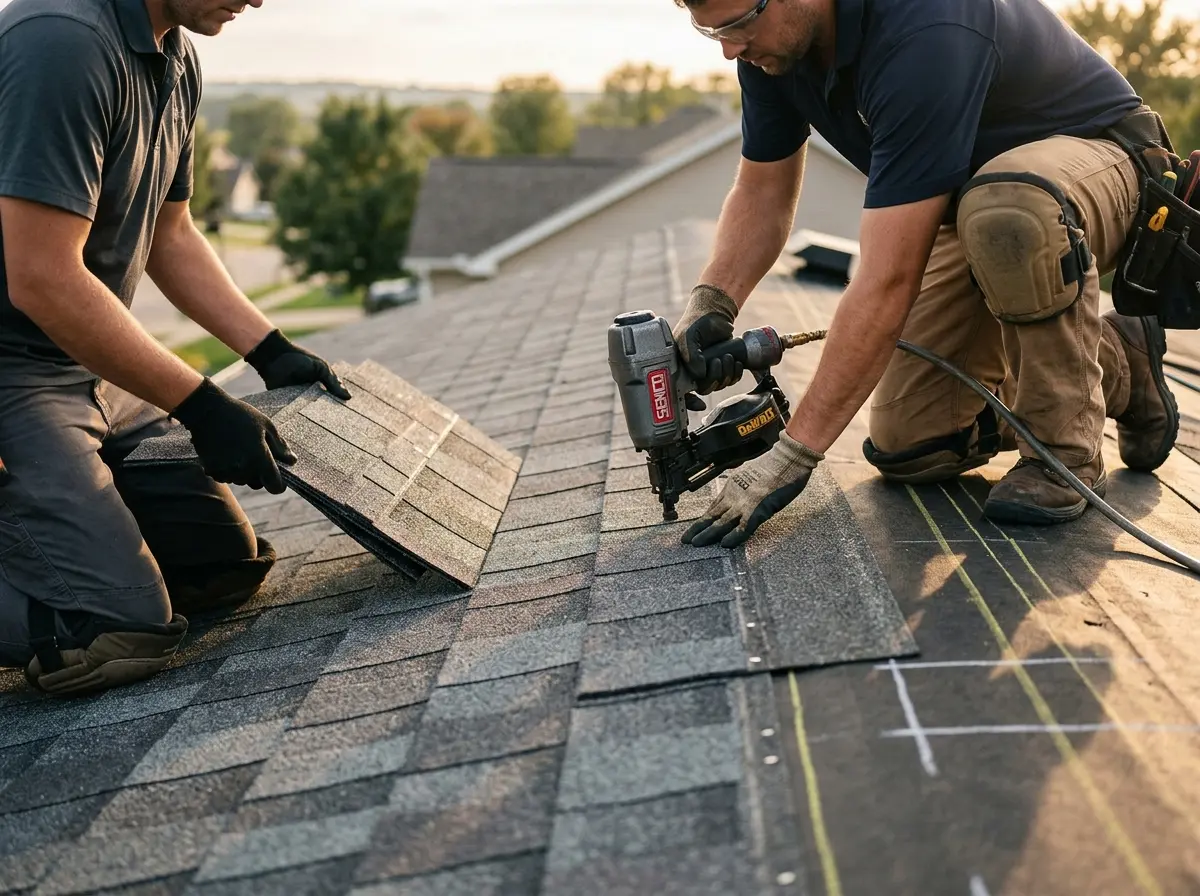 Professional roofer working on a residential roof in Southwick